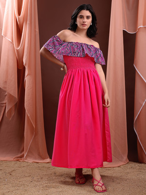 PURVAJA Women Ruffled Pink Midi/Calf Length Dress
