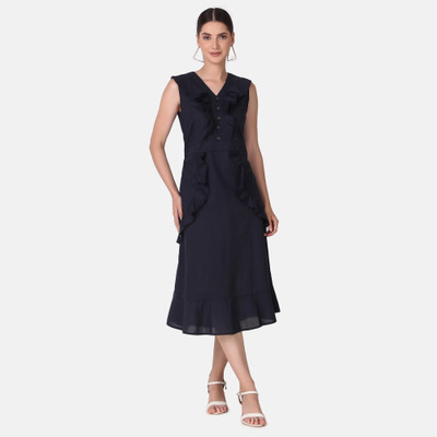 pose india Women Fit and Flare Black Midi/Calf Length Dress
