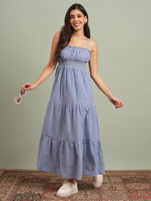 Globus Women Fit and Flare Blue Maxi/Full Length Dress