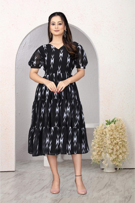 Jp Enterprise Women Fit and Flare Black, White Midi/Calf Length Dress