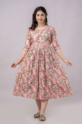 AAVRITTIQUEENS Women Fit and Flare Multicolor Midi/Calf Length Dress