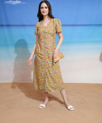 Tokyo Talkies Women Fit and Flare Yellow Midi/Calf Length Dress