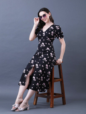 ANVI Be Yourself Women Fit and Flare Black Midi/Calf Length Dress