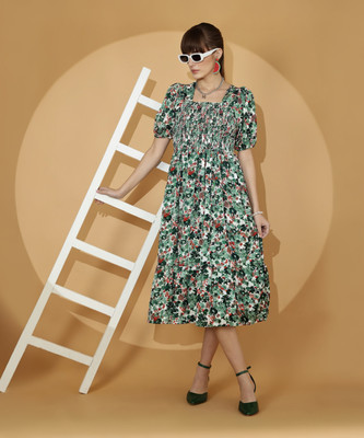 Honky Tonky Women Fit and Flare Green Midi/Calf Length Dress