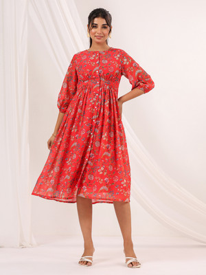 Janasya Women Fit and Flare Red Below Knee Dress
