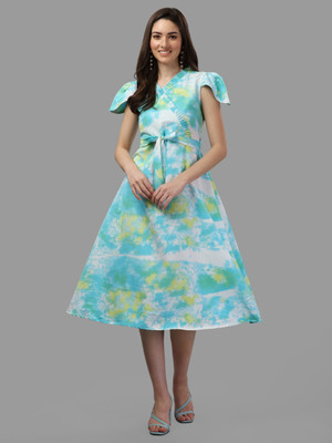 DERIFA Women A-line Blue, White, Yellow Midi/Calf Length Dress