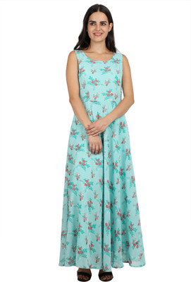 Rudraaksha Women Fit and Flare Green Maxi/Full Length Dress With Mask