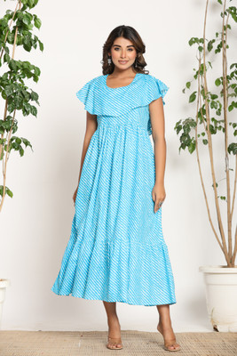 Jaipuri Bunaai Women Fit and Flare Light Blue Below Knee Dress