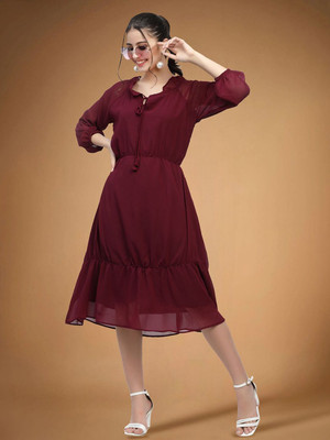 Moda Rapido Women Fit and Flare Maroon Knee Length Dress