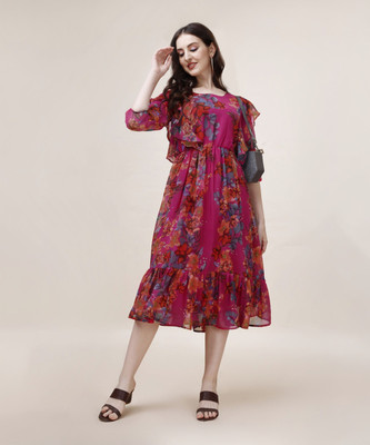 Fashion2wear Women Fit and Flare Pink Midi/Calf Length Dress