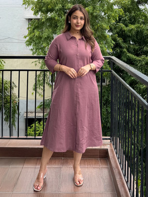 Janasya Women A-line Pink Midi/Calf Length Dress