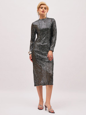 SASSAFRAS Women Fit and Flare Grey Below Knee Dress