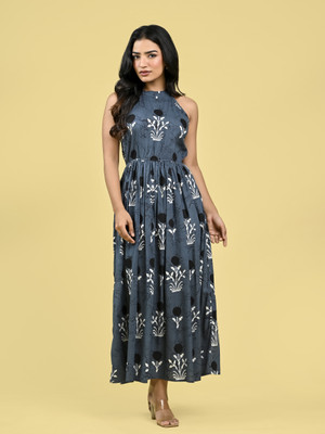 METRONAUT Women Empire Waist Grey Maxi/Full Length Dress