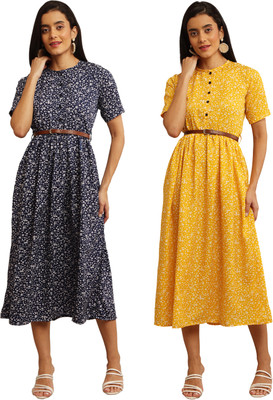 Mamnoon Women Fit and Flare Beige, Black Midi/Calf Length Dress