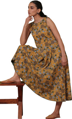 Folksong Women Fit and Flare Yellow Midi/Calf Length Dress
