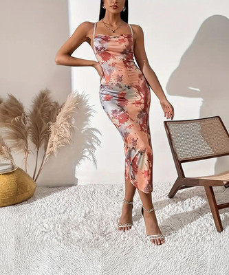 Fashion2wear Women Bodycon Orange Midi/Calf Length Dress