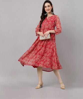 Janasya Women Fit and Flare Red, White, Pink Midi/Calf Length Dress