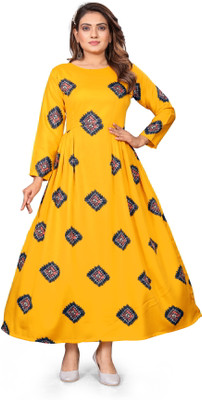 Hiral Creation Women Fit and Flare Yellow Maxi/Full Length Dress