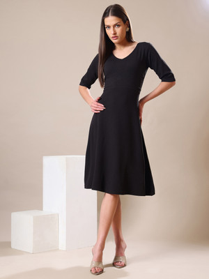 PURVAJA Women Fit and Flare Black Knee Length Dress