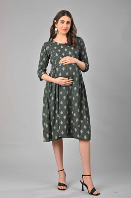 Negen Women Gathered Green Midi/Calf Length Dress