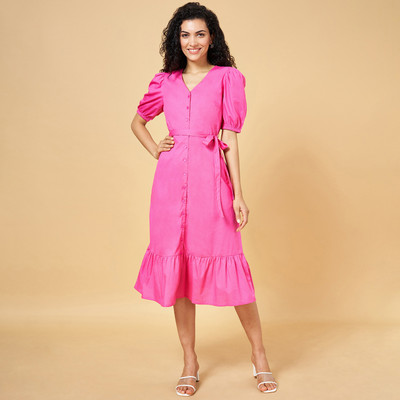Honey By Pantaloons Women Fit and Flare Pink Midi/Calf Length Dress