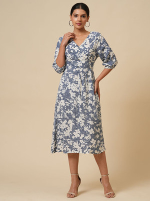 CHEMISTRY Women Fit and Flare Blue Midi/Calf Length Dress