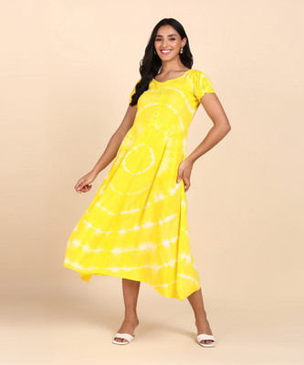 maaesa Women Fit and Flare Yellow Midi/Calf Length Dress