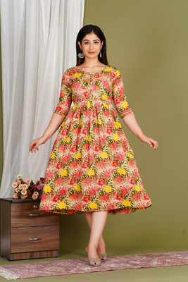 AAVRITTIQUEENS Women Fit and Flare Orange Midi/Calf Length Dress