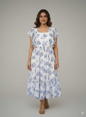 LECORA Women Fit and Flare White Midi/Calf Length Dress
