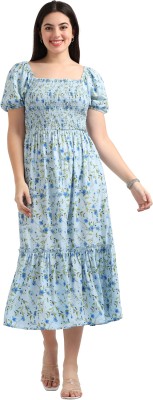 Glam & Chique Women Fit and Flare Blue Dress