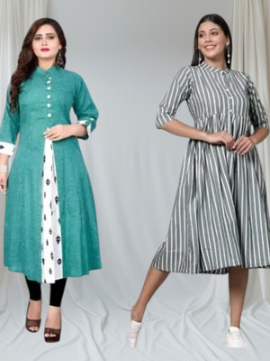 Suhani Fashionqq Women A-line Green, Grey Maxi/Full Length Dress