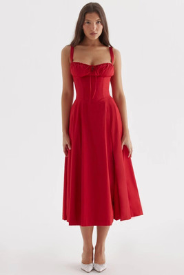 Elyraa Women Fit and Flare Red Midi/Calf Length Dress