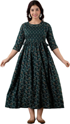 HouseOfCommon Women Fit and Flare Dark Green Midi/Calf Length Dress