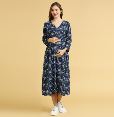 MomToBe Women Fit and Flare Dark Blue, White, Light Blue Midi/Calf Length Dress