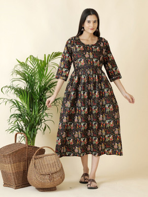 HouseOfCommon Women Fit and Flare Multicolor Midi/Calf Length Dress