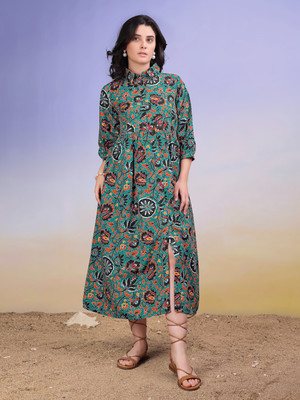 PURVAJA Women Fit and Flare Green Midi/Calf Length Dress