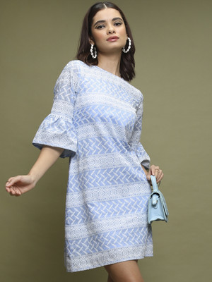 Vishudh Women A-line Light Blue, White Above Knee/Mid Thigh Length Dress