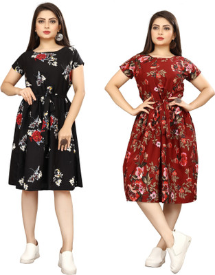 HouseOfCommon Women Fit and Flare Black Below Knee Dress