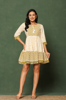 Shedika Women Fit and Flare Yellow, White Above Knee/Mid Thigh Length Dress