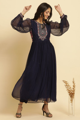 W Women Fit and Flare Blue Ankle Length Dress