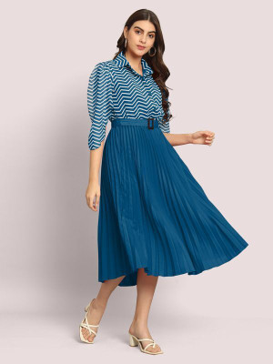 flowervelly Women Pleated Dark Blue, White Midi/Calf Length Dress