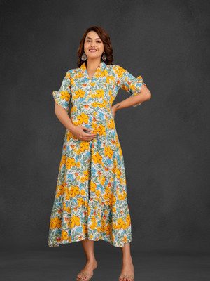 Henal Women Fit and Flare Yellow Maxi/Full Length Dress