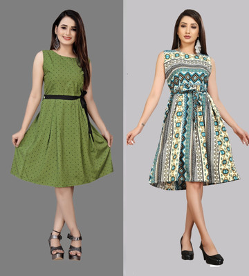 Modli 20 Fashion Women Fit and Flare Green Knee Length Dress