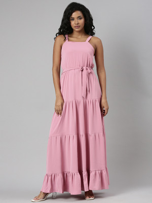 SHOWOFFFF Women Fit and Flare Pink Maxi/Full Length Dress