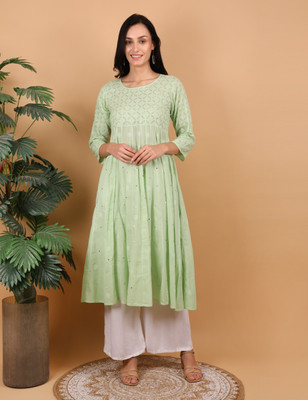 SHWET Women Chikan Embroidery Ethnic Dress Kurta(Green)