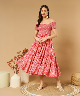 ZWERLON Women Fit and Flare Pink Midi/Calf Length Dress
