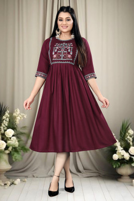 ShopGlobal Women Fit and Flare Maroon Below Knee Dress