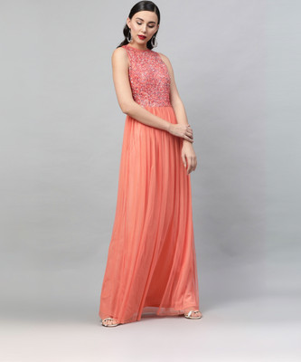 STREET9 Women Fit and Flare Orange Maxi/Full Length Dress