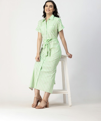 moomaya Women Shirt White, Light Green Midi/Calf Length Dress
