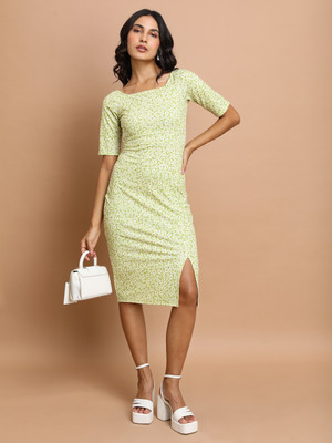 Tokyo Talkies Women Bodycon Light Green, White Below Knee Dress